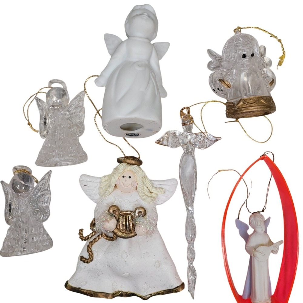 Lot of 7 Angel Ornaments Ceramic Glass Harp Kissing Angel Christmas Tree Decor